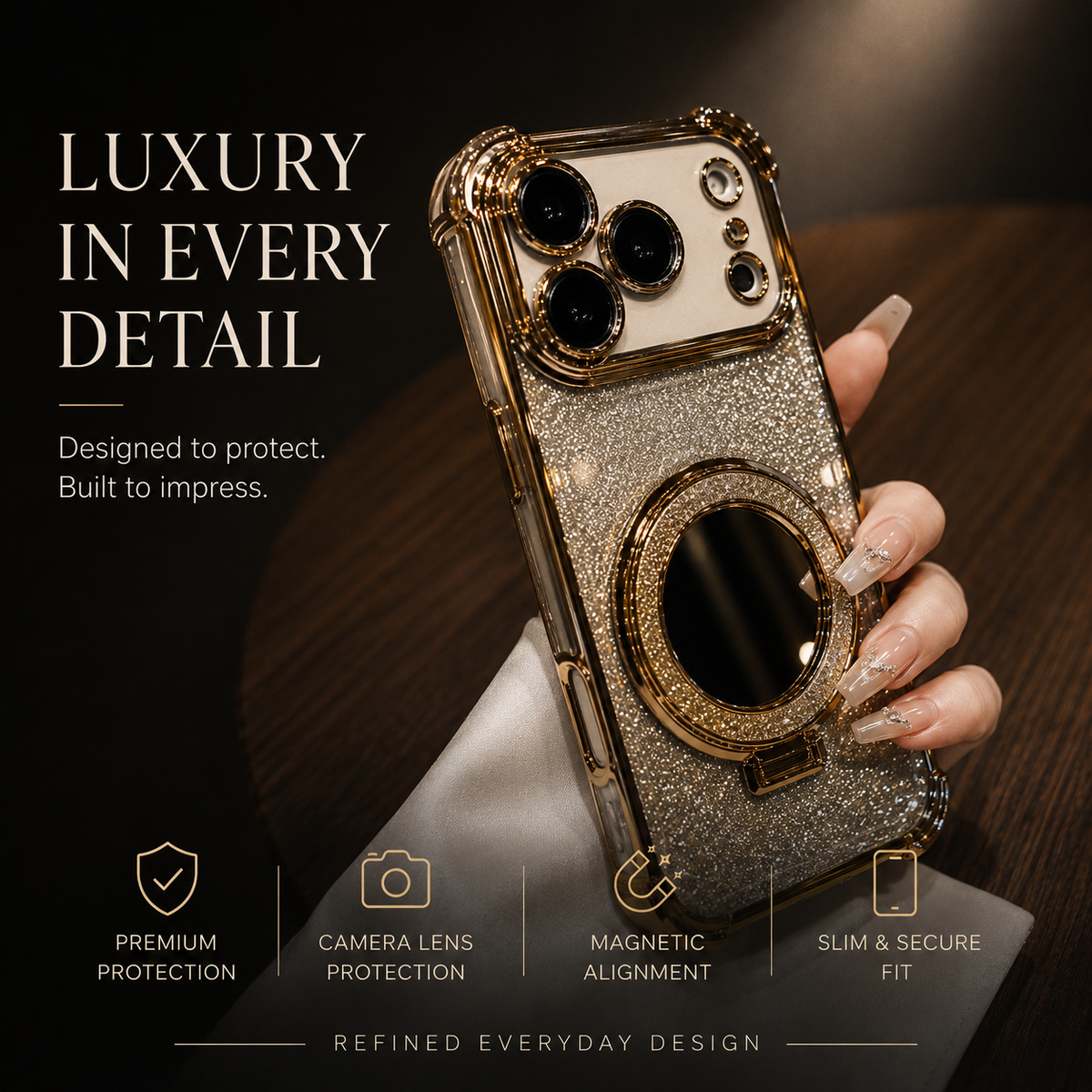 Premium iPhone Case Glitter Mirror Magnetic Stand Cover Shockproof Silicone Anti Scratch Non Slip Protective Case Reflective Bracket Slim Design Style