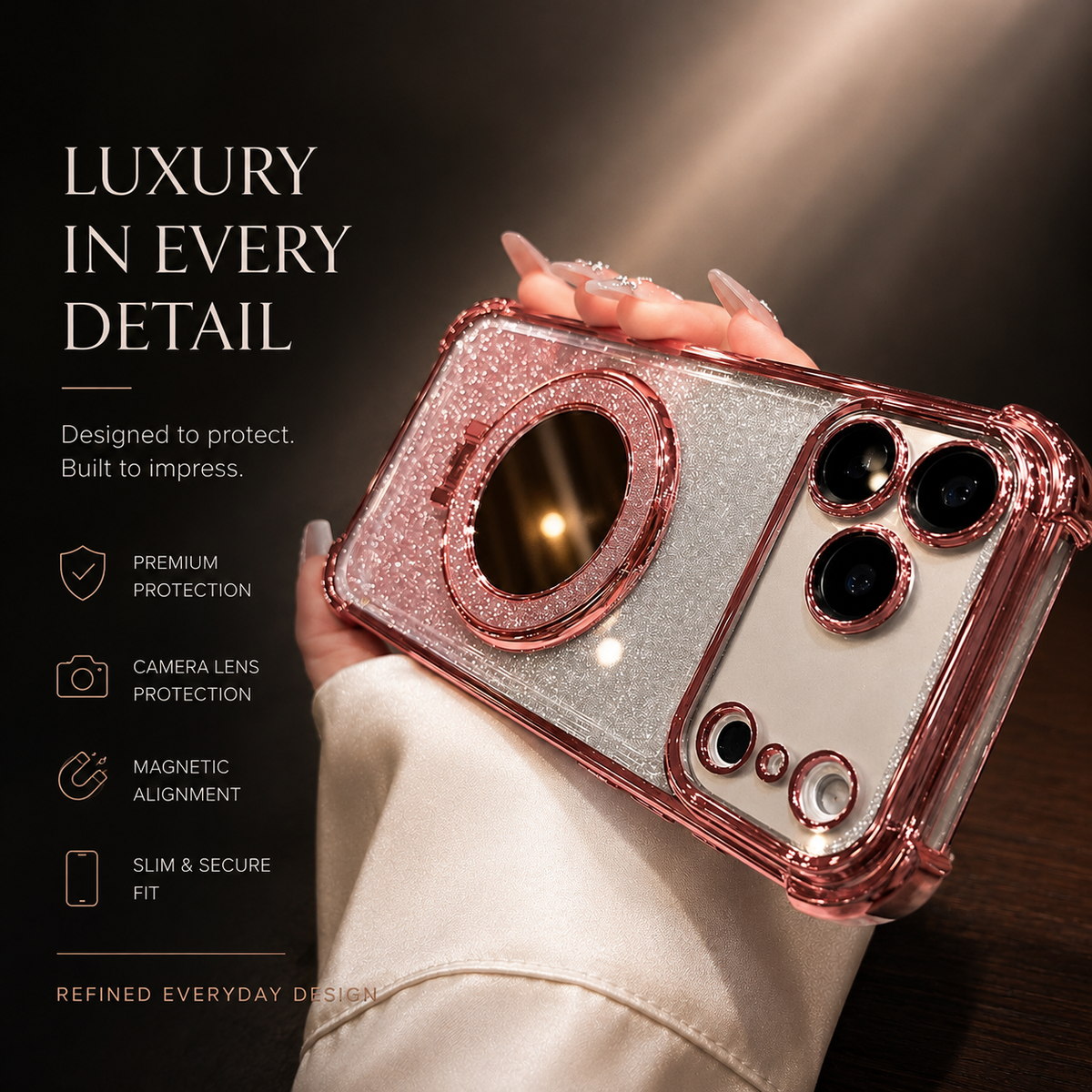 Premium iPhone Case Glitter Mirror Magnetic Stand Cover Shockproof Silicone Anti Scratch Non Slip Protective Case Reflective Bracket Slim Design Style