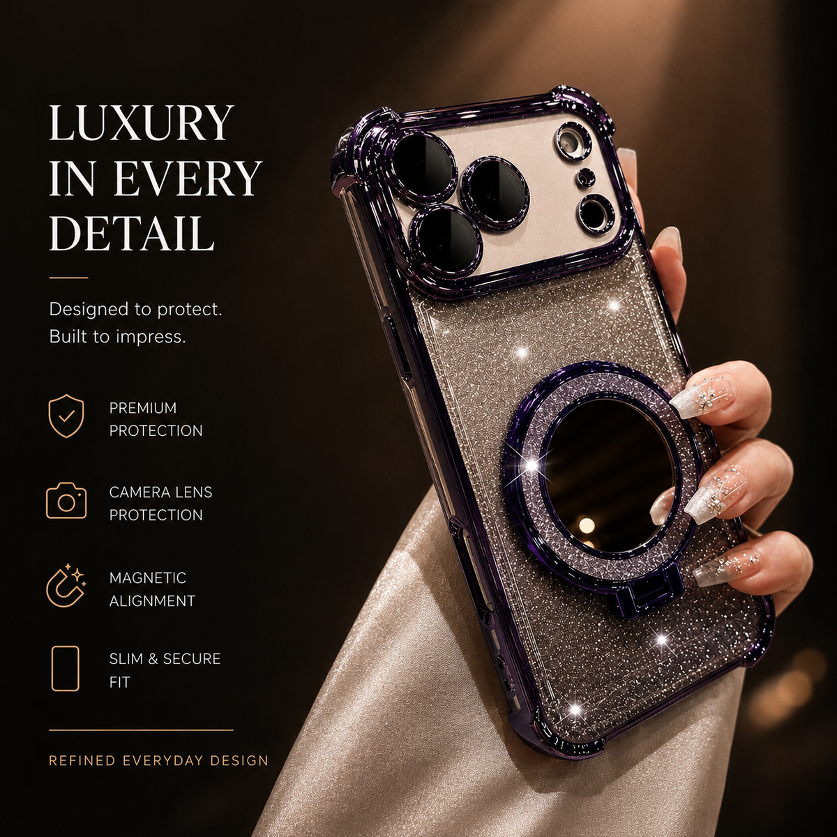 Premium iPhone Case Glitter Mirror Magnetic Stand Cover Shockproof Silicone Anti Scratch Non Slip Protective Case Reflective Bracket Slim Design Style