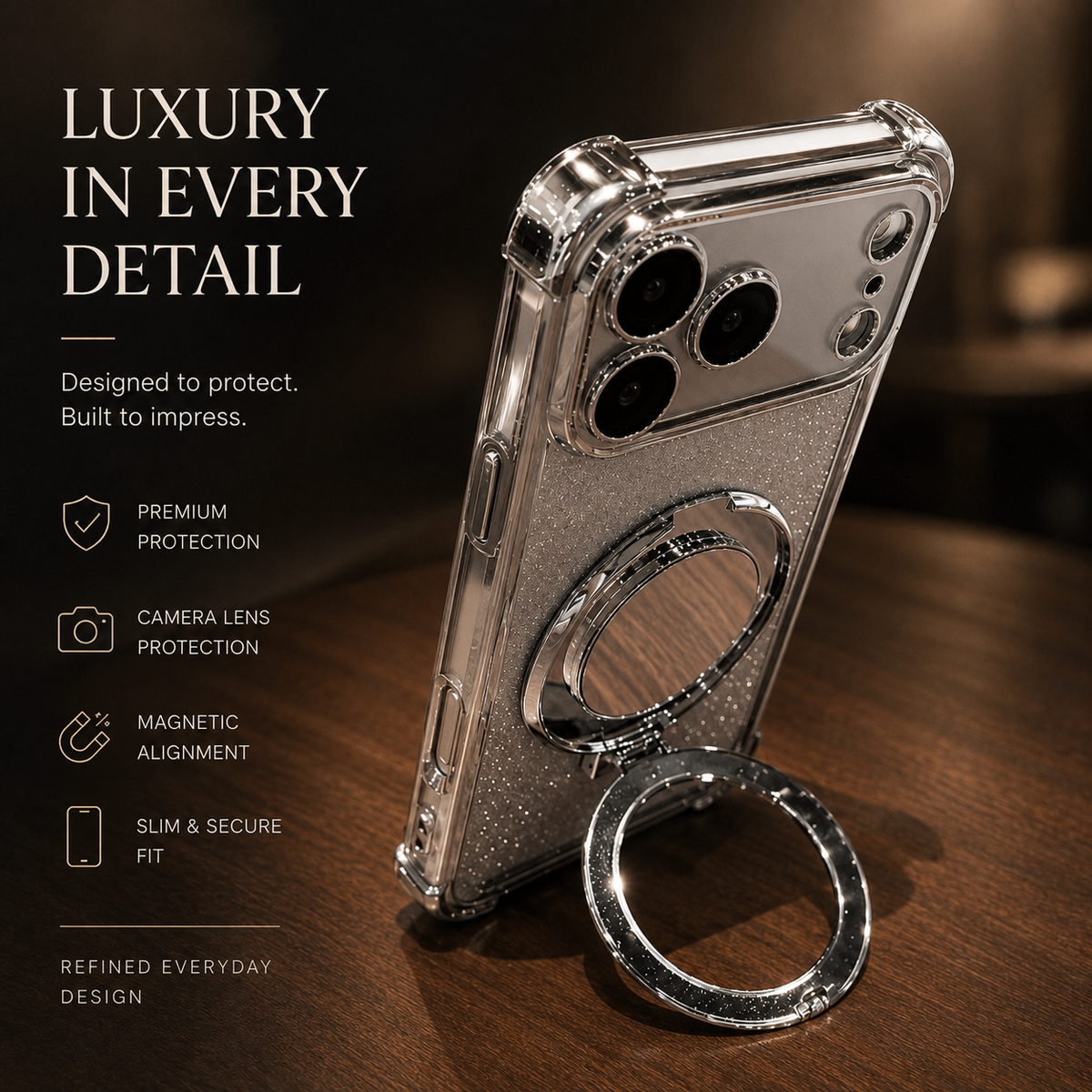 Premium iPhone Case Glitter Mirror Magnetic Stand Cover Shockproof Silicone Anti Scratch Non Slip Protective Case Reflective Bracket Slim Design Style