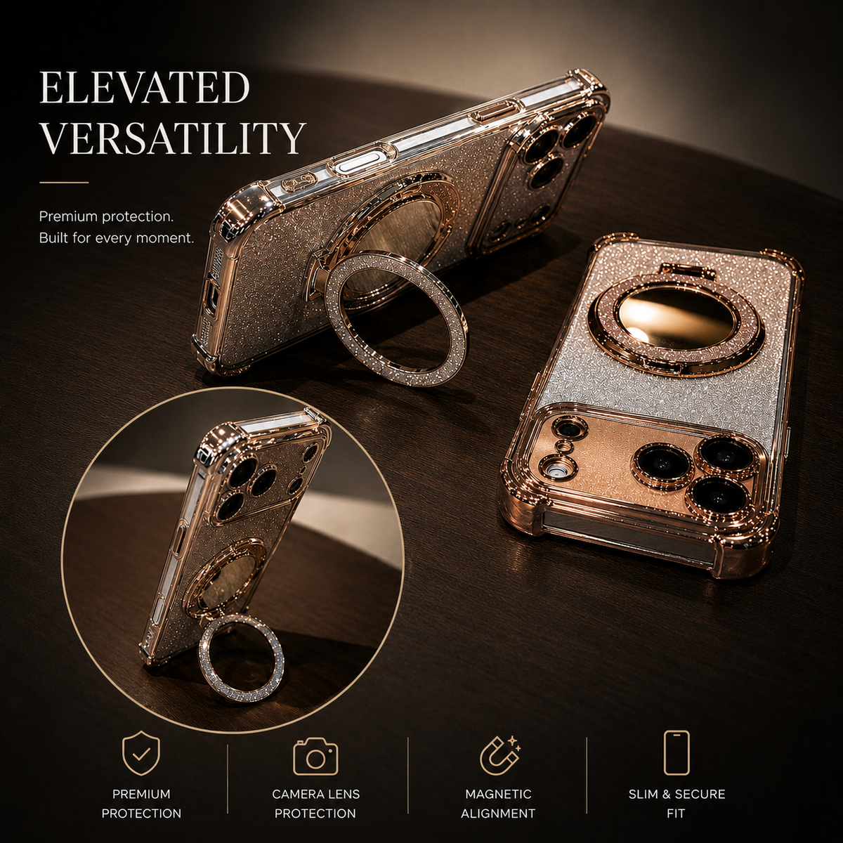 Premium iPhone Case Glitter Mirror Magnetic Stand Cover Shockproof Silicone Anti Scratch Non Slip Protective Case Reflective Bracket Slim Design Style