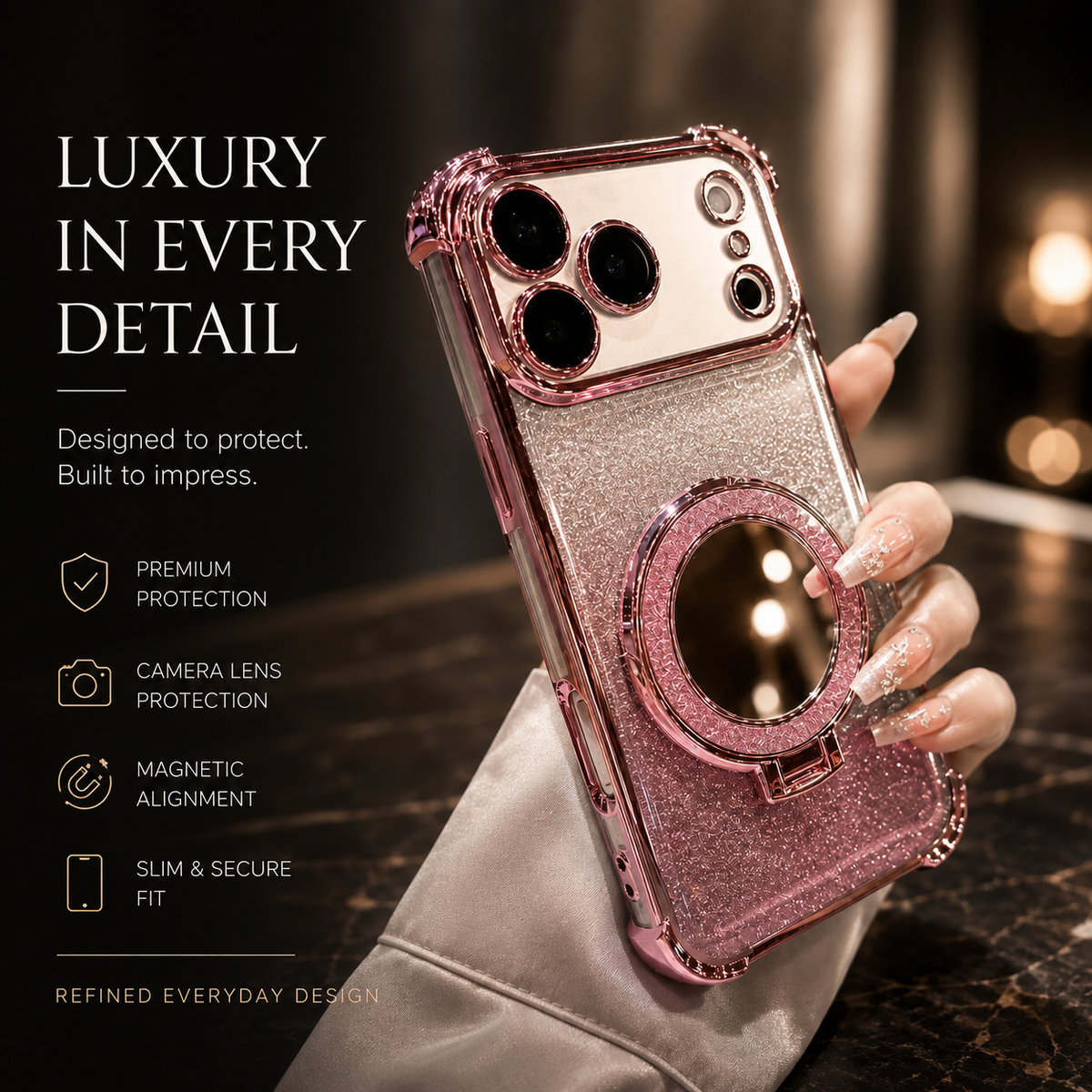 Premium iPhone Case Glitter Mirror Magnetic Stand Cover Shockproof Silicone Anti Scratch Non Slip Protective Case Reflective Bracket Slim Design Style