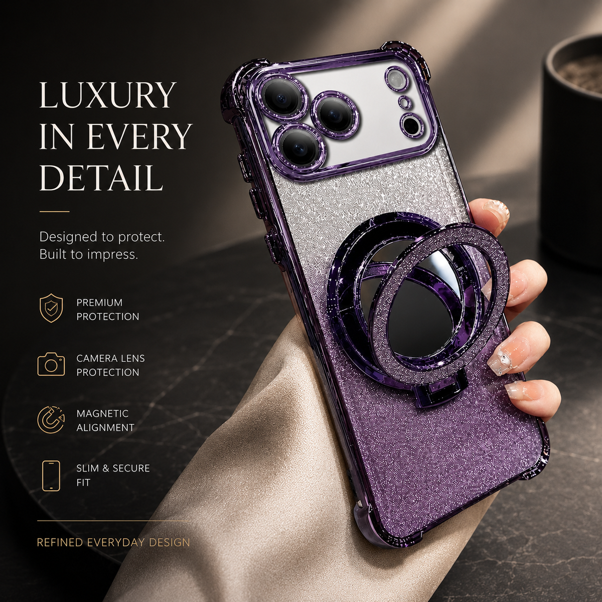 Premium iPhone Case Glitter Mirror Magnetic Stand Cover Shockproof Silicone Anti Scratch Non Slip Protective Case Reflective Bracket Slim Design Style