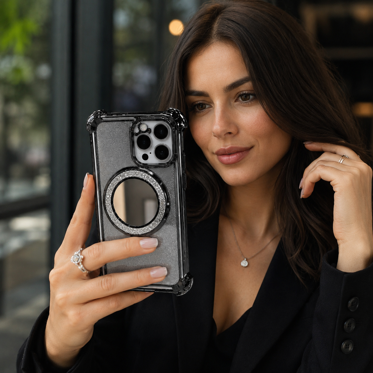 Premium iPhone Case Glitter Mirror Magnetic Stand Cover Shockproof Silicone Anti Scratch Non Slip Protective Case Reflective Bracket Slim Design Style