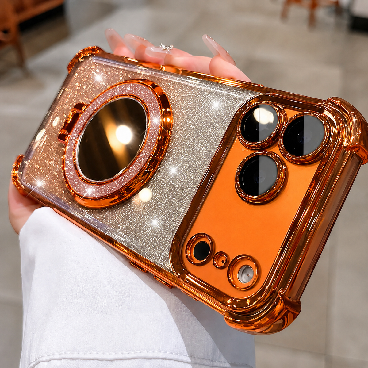 Premium iPhone Case Glitter Mirror Magnetic Stand Cover Shockproof Silicone Anti Scratch Non Slip Protective Case Reflective Bracket Slim Design Style