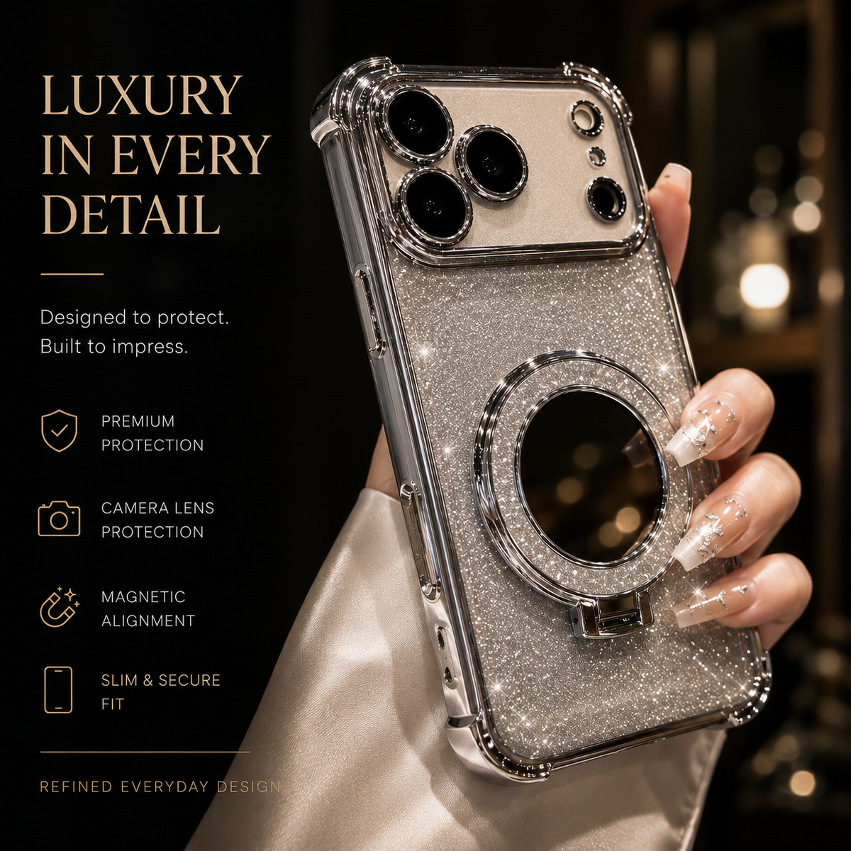 Premium iPhone Case Glitter Mirror Magnetic Stand Cover Shockproof Silicone Anti Scratch Non Slip Protective Case Reflective Bracket Slim Design Style