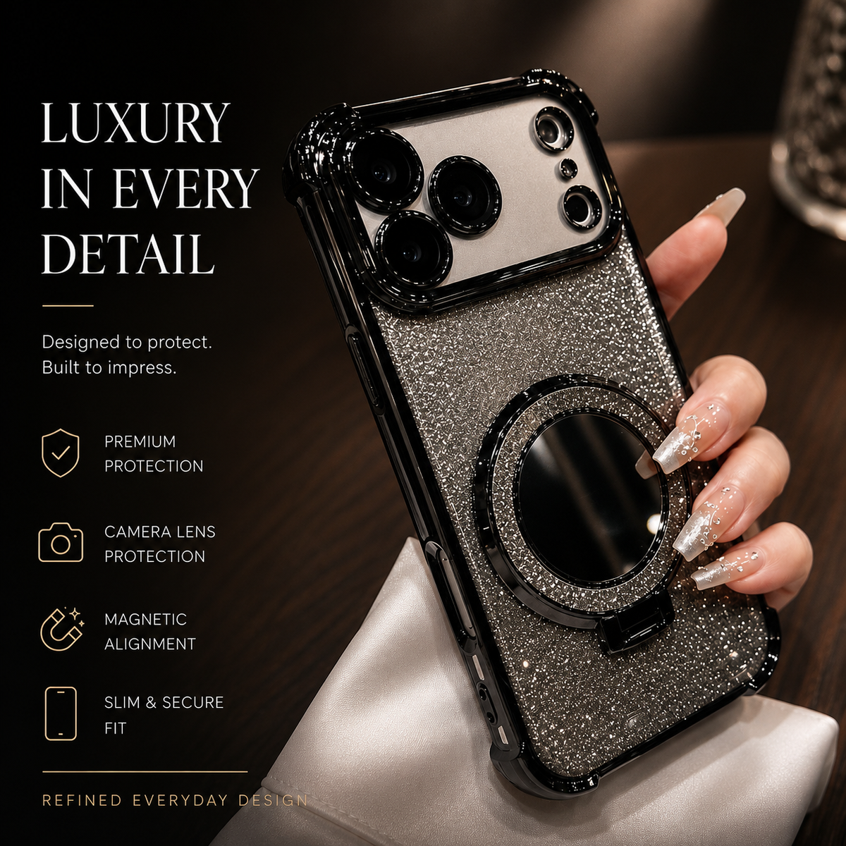 Premium iPhone Case Glitter Mirror Magnetic Stand Cover Shockproof Silicone Anti Scratch Non Slip Protective Case Reflective Bracket Slim Design Style