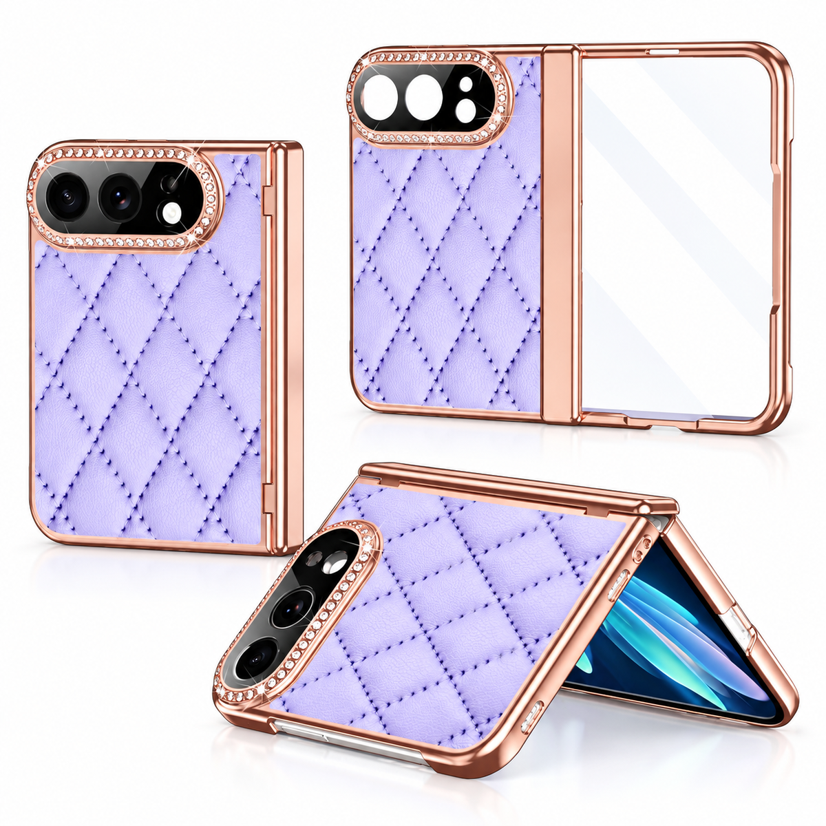 Premium iPhone Case Golden Glitter Diamond Leather Hinge Protection Foldable Cover Glass Screen Protector Shockproof Slim Luxury Protective Phone Cover Case