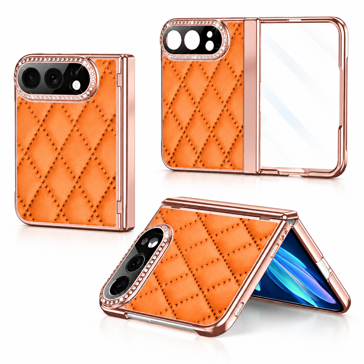 Premium iPhone Case Golden Glitter Diamond Leather Hinge Protection Foldable Cover Glass Screen Protector Shockproof Slim Luxury Protective Phone Cover Case