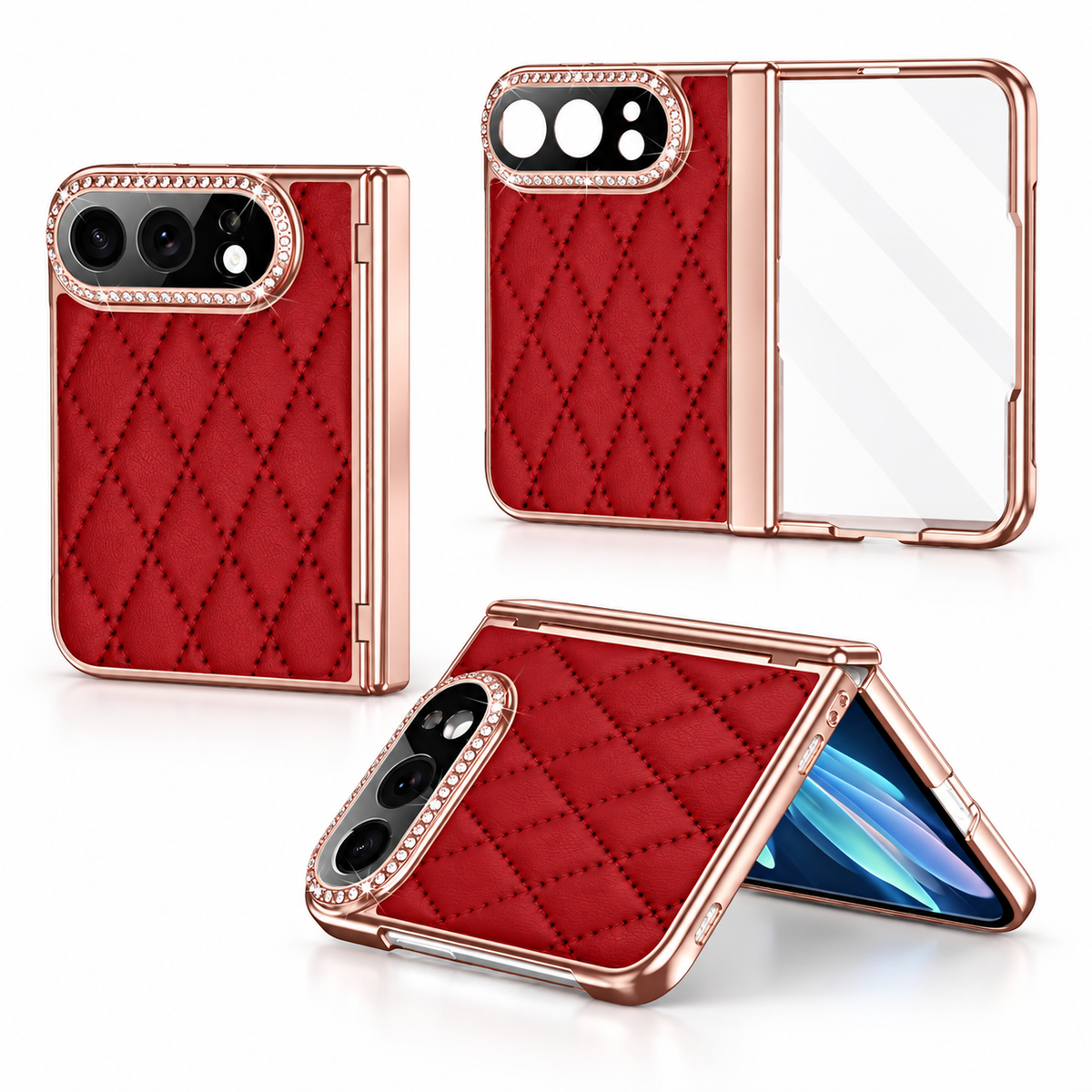 Premium iPhone Case Golden Glitter Diamond Leather Hinge Protection Foldable Cover Glass Screen Protector Shockproof Slim Luxury Protective Phone Cover Case