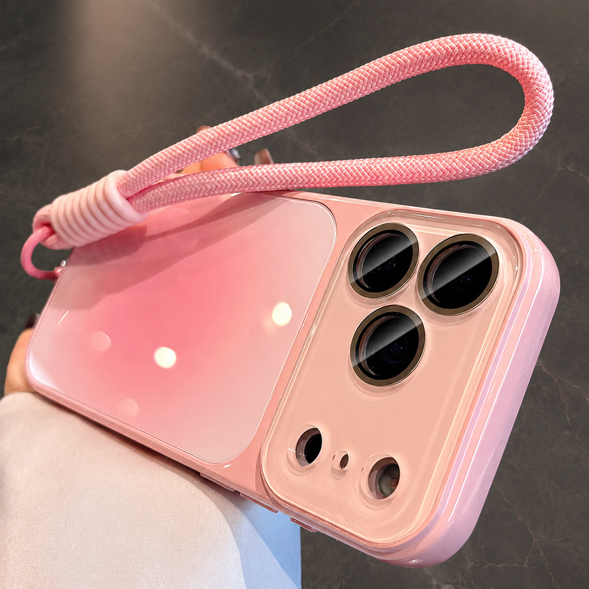 Premium iPhone Case Gradient Glossy Shockproof PC TPU Protective Cover Full Camera Protection Lanyard Anti Scratch Non Slip Lightweight Dual Layer Bumper