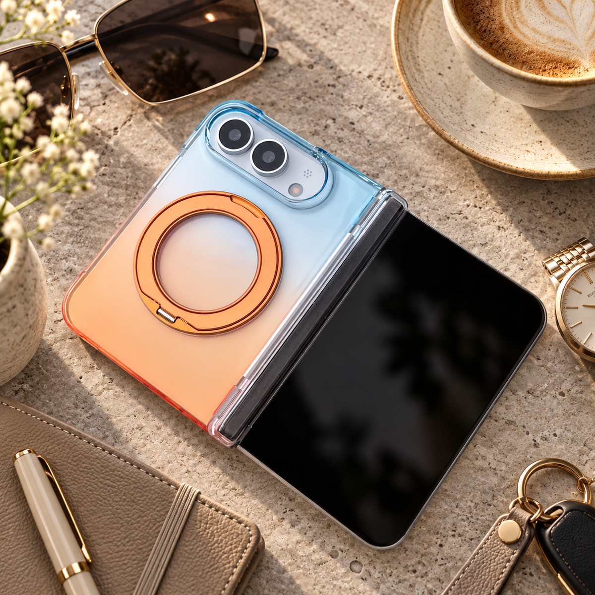 Premium iPhone Case Gradient Magnetic Rotating Folding Stand Foldable Cover Hinge Protection Shockproof Anti Drop Durable Slim Protective Phone Cover Case