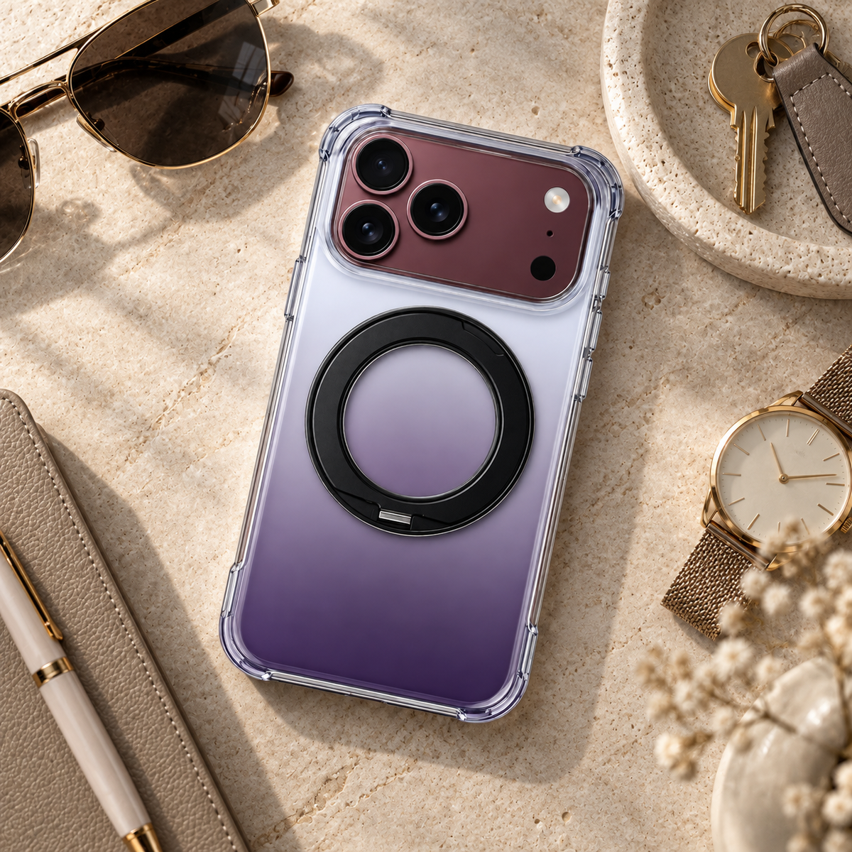 Premium iPhone Case Gradient Magnetic Rotating Folding Stand Foldable Cover Hinge Protection Shockproof Anti Drop Durable Slim Protective Phone Cover Case