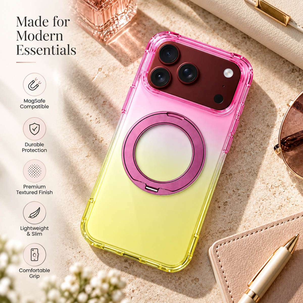 Premium iPhone Case Gradient Magnetic Rotating Folding Stand Hinge Shockproof Slim Durable Anti Drop Protective Tough Stylish Phone Cover Case with Grip