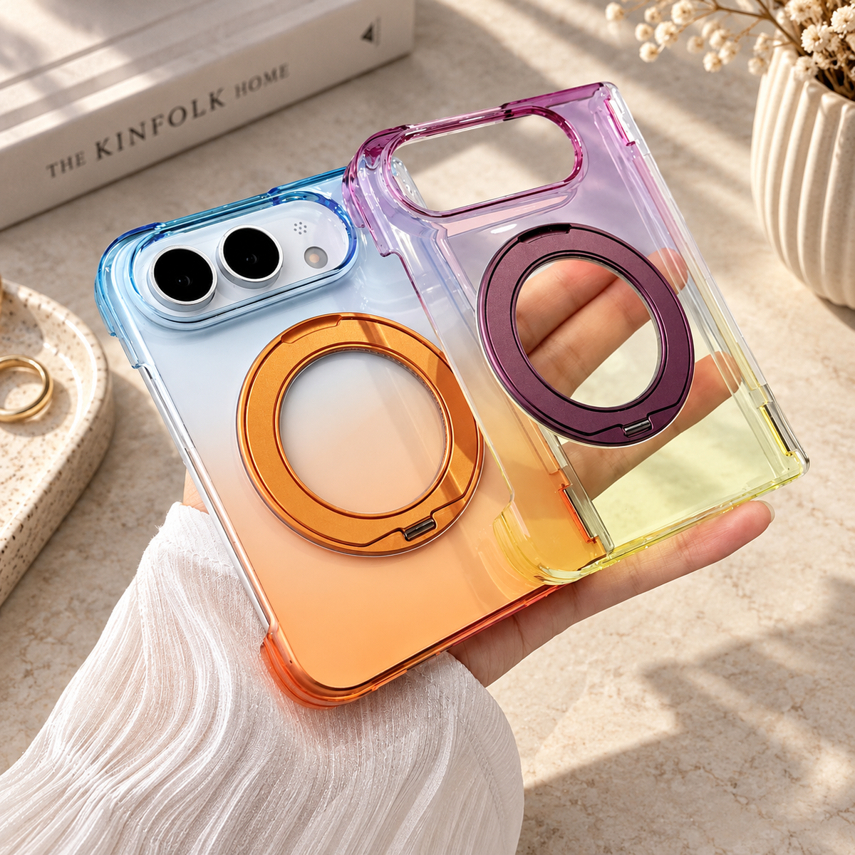 Premium iPhone Case Gradient Magnetic Rotating Folding Stand Hinge Shockproof Slim Durable Anti Drop Protective Tough Stylish Phone Cover Case with Grip