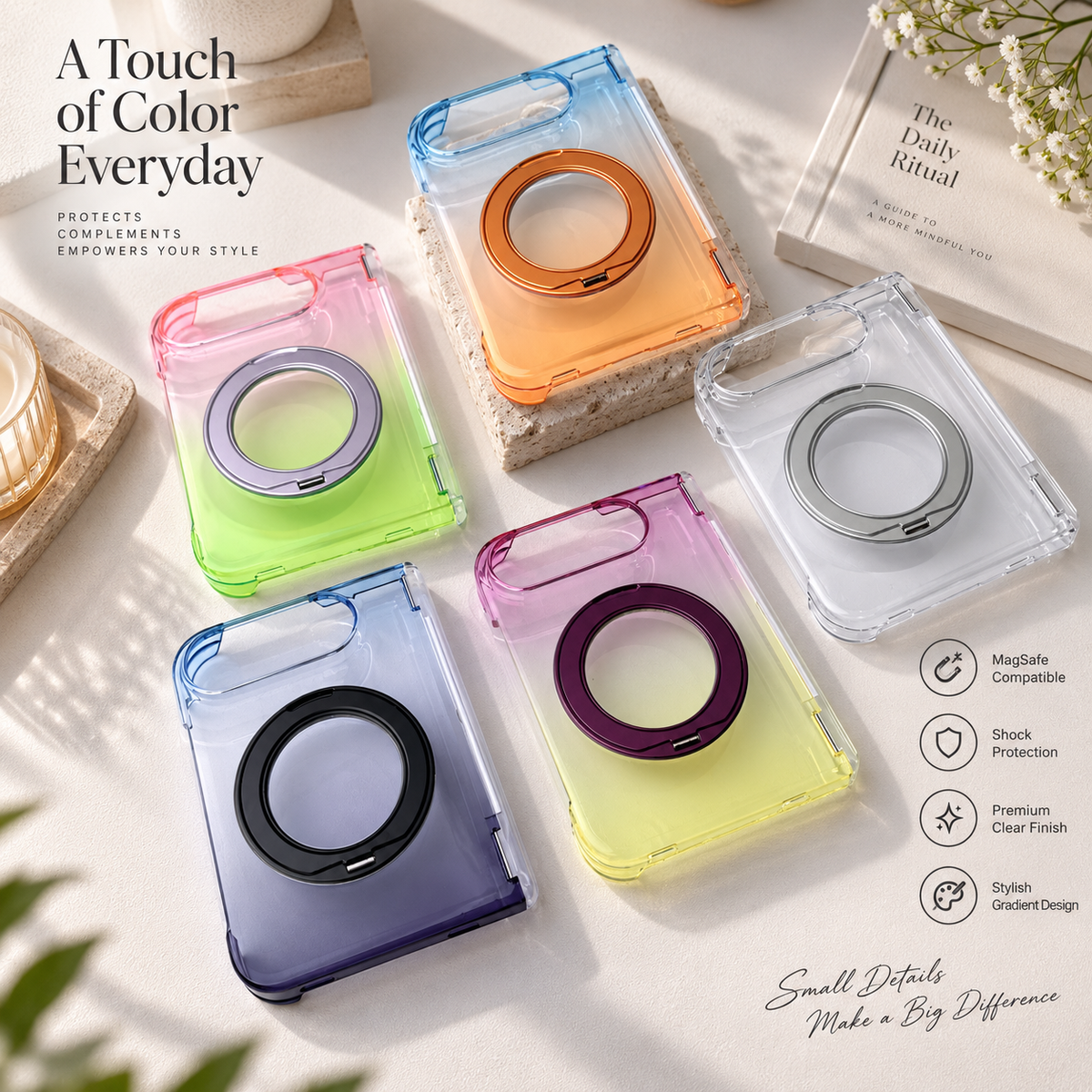 Premium iPhone Case Gradient Magnetic Rotating Folding Stand Hinge Shockproof Slim Durable Anti Drop Protective Tough Stylish Phone Cover Case with Grip