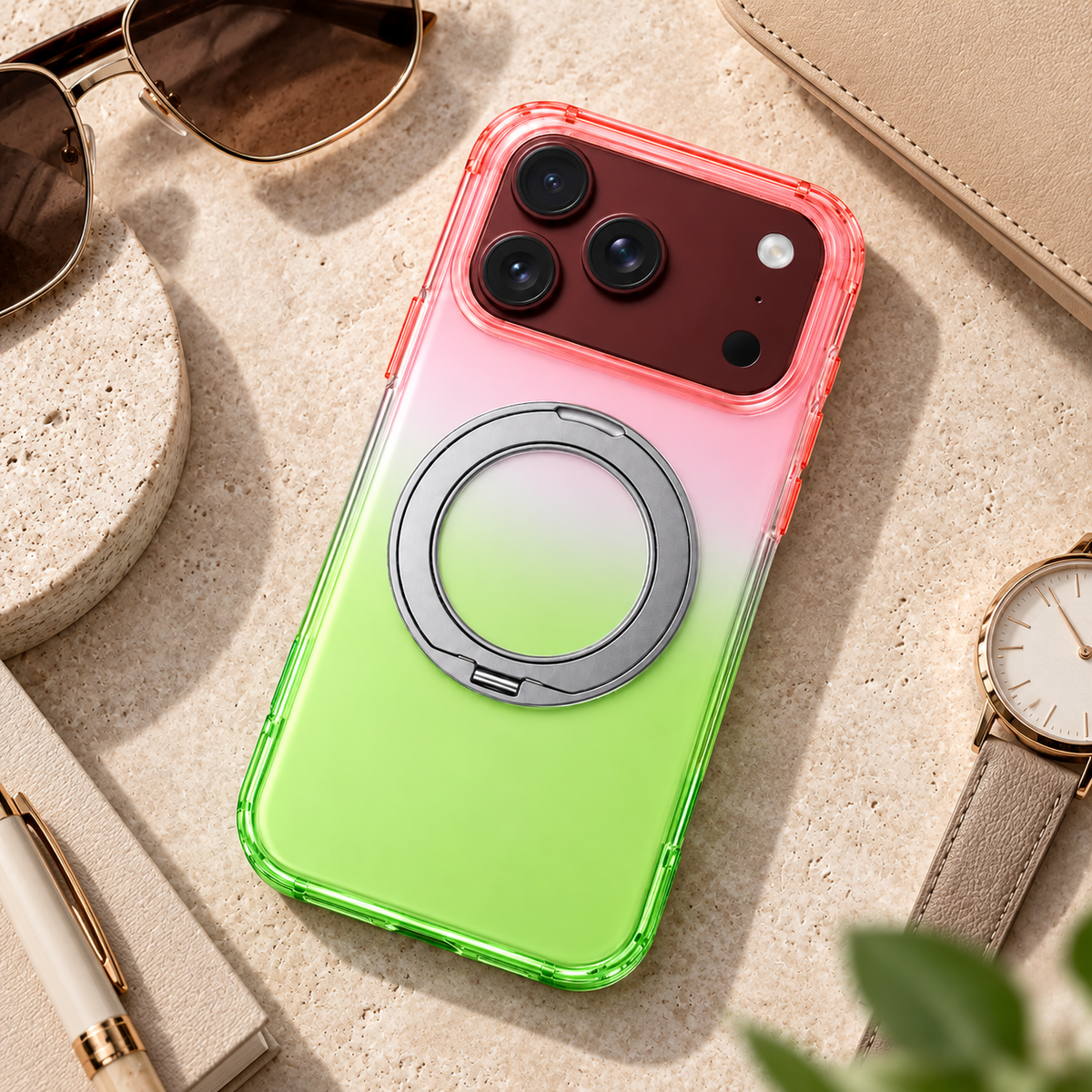 Premium iPhone Case Gradient Magnetic Rotating Folding Stand Hinge Shockproof Slim Durable Anti Drop Protective Tough Stylish Phone Cover Case with Grip