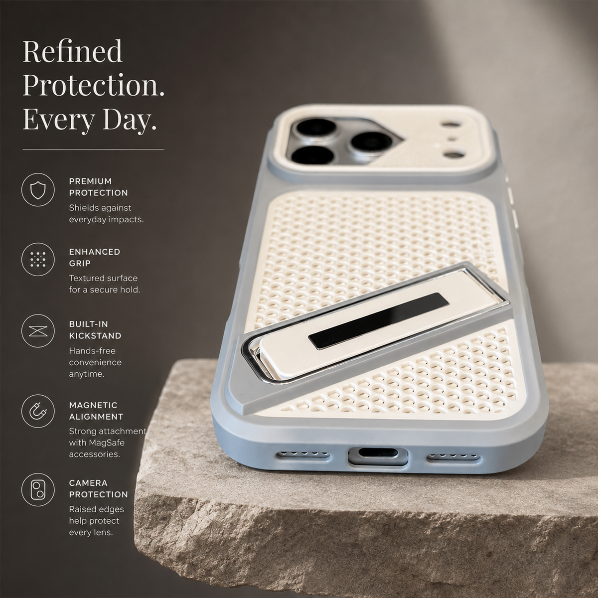 Premium iPhone Case Heat Dissipation Shockproof Acrylic Protective Cover Built In Holder Kickstand Non Slip Slim Lightweight Cooling Bumper Hard Back Case