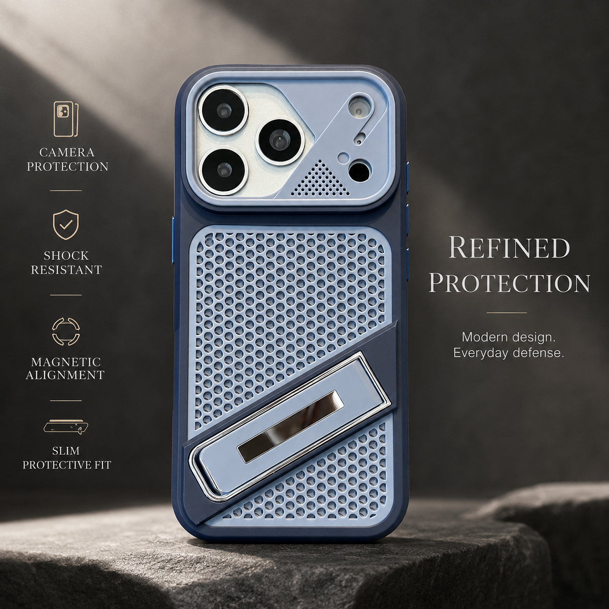 Premium iPhone Case Heat Dissipation Shockproof Acrylic Protective Cover Built In Holder Kickstand Non Slip Slim Lightweight Cooling Bumper Hard Back Case
