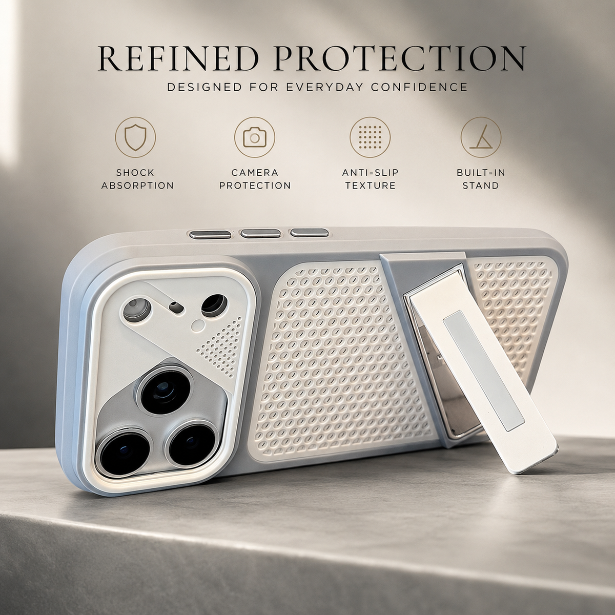 Premium iPhone Case Heat Dissipation Shockproof Acrylic Protective Cover Built In Holder Kickstand Non Slip Slim Lightweight Cooling Bumper Hard Back Case