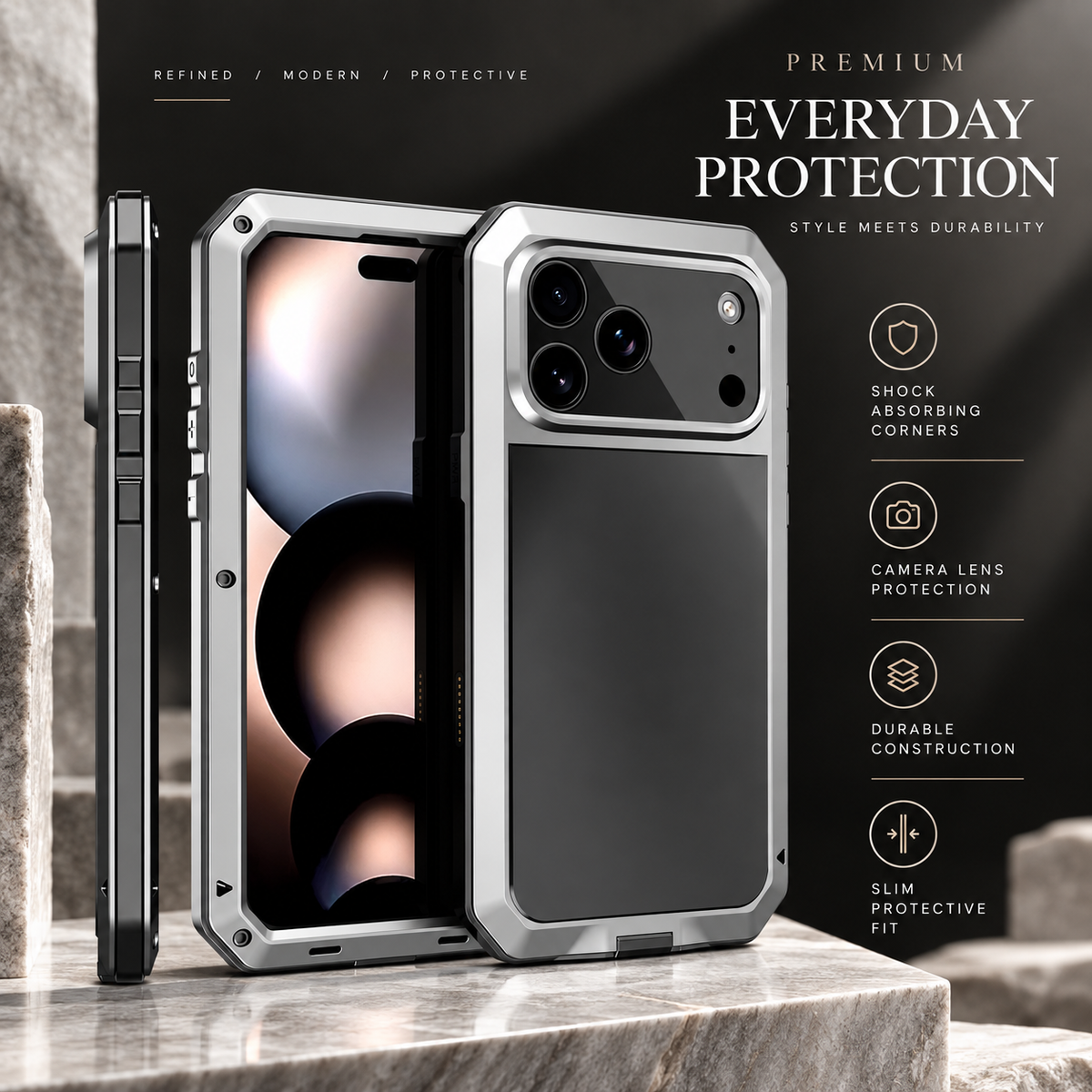 Premium iPhone Case Heavy Duty Aluminum Armor 360 Full Body Shockproof Protective Cover Anti Scratch Anti Fingerprint Non Slip Reinforced Rugged Case