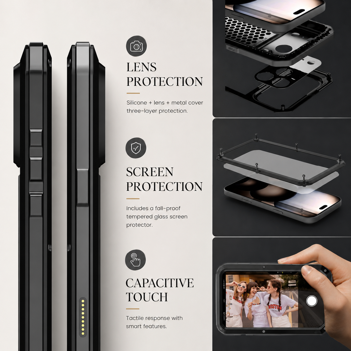 Premium iPhone Case Heavy Duty Aluminum Armor 360 Full Body Shockproof Protective Cover Anti Scratch Anti Fingerprint Non Slip Reinforced Rugged Case