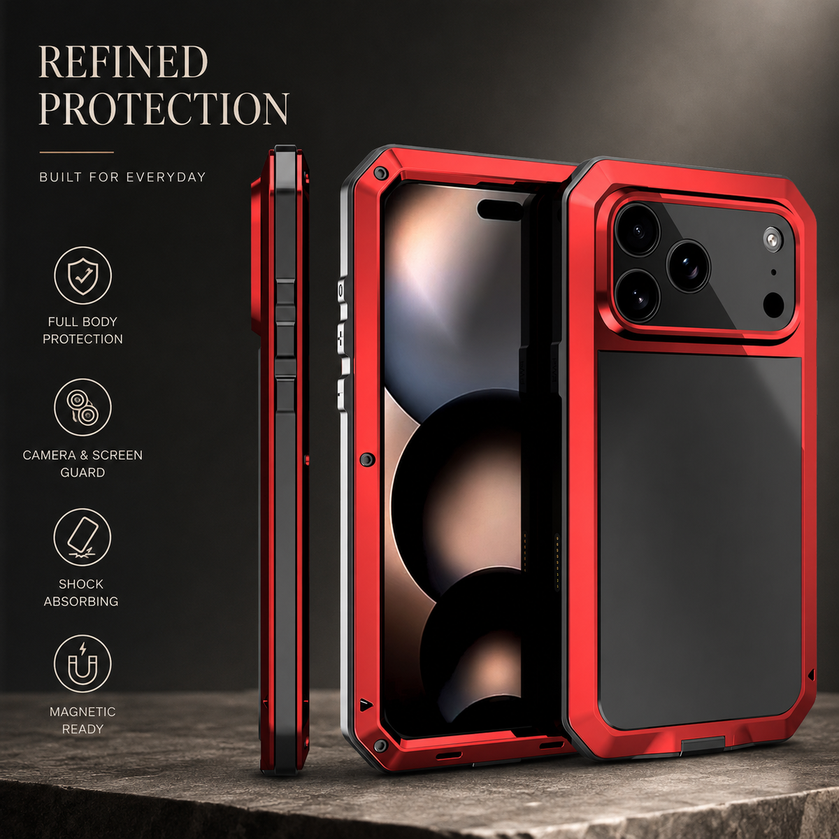 Premium iPhone Case Heavy Duty Aluminum Armor 360 Full Body Shockproof Protective Cover Anti Scratch Anti Fingerprint Non Slip Reinforced Rugged Case
