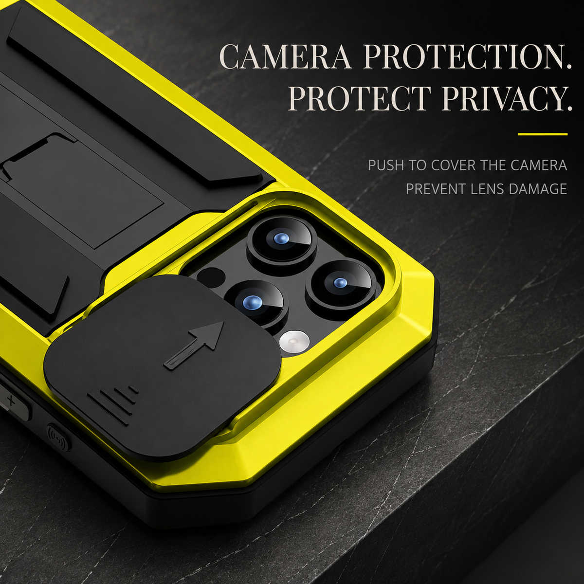 Premium iPhone Case Heavy Duty Aluminum Metal Full Body Cover Tempered Glass Lens Slider Shockproof Dual Layer Kickstand Wireless Charging
