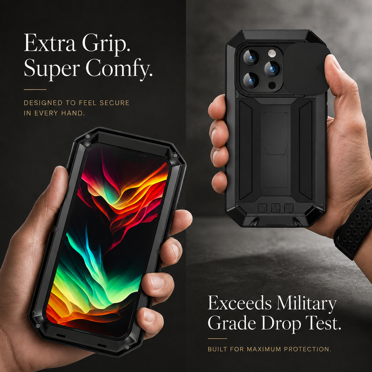 Premium iPhone Case Heavy Duty Aluminum Metal Full Body Cover Tempered Glass Lens Slider Shockproof Dual Layer Kickstand Wireless Charging