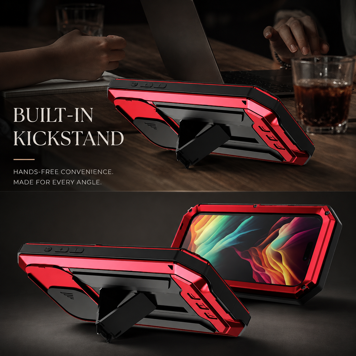 Premium iPhone Case Heavy Duty Aluminum Metal Full Body Cover Tempered Glass Lens Slider Shockproof Dual Layer Kickstand Wireless Charging