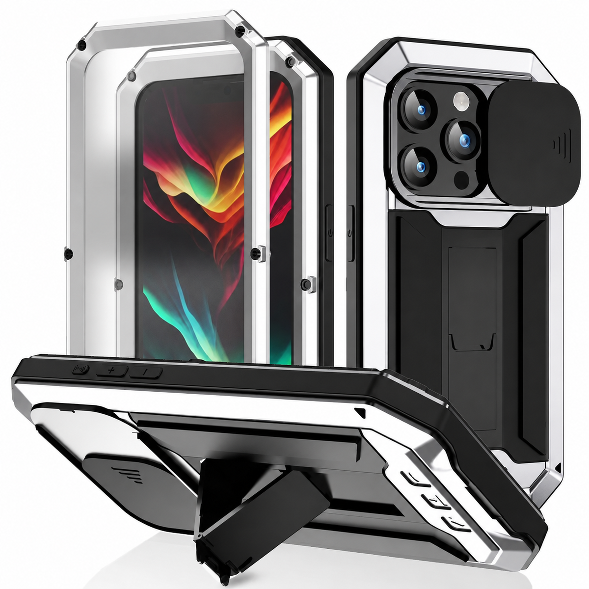 Premium iPhone Case Heavy Duty Aluminum Metal Full Body Cover Tempered Glass Lens Slider Shockproof Dual Layer Kickstand Wireless Charging