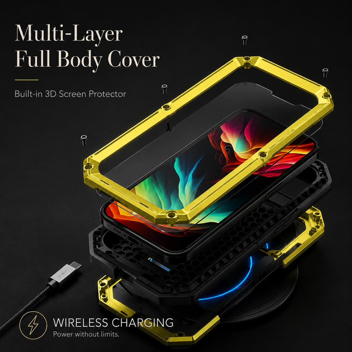 Premium iPhone Case Heavy Duty Aluminum Metal Full Body Cover Tempered Glass Lens Slider Shockproof Dual Layer Kickstand Wireless Charging