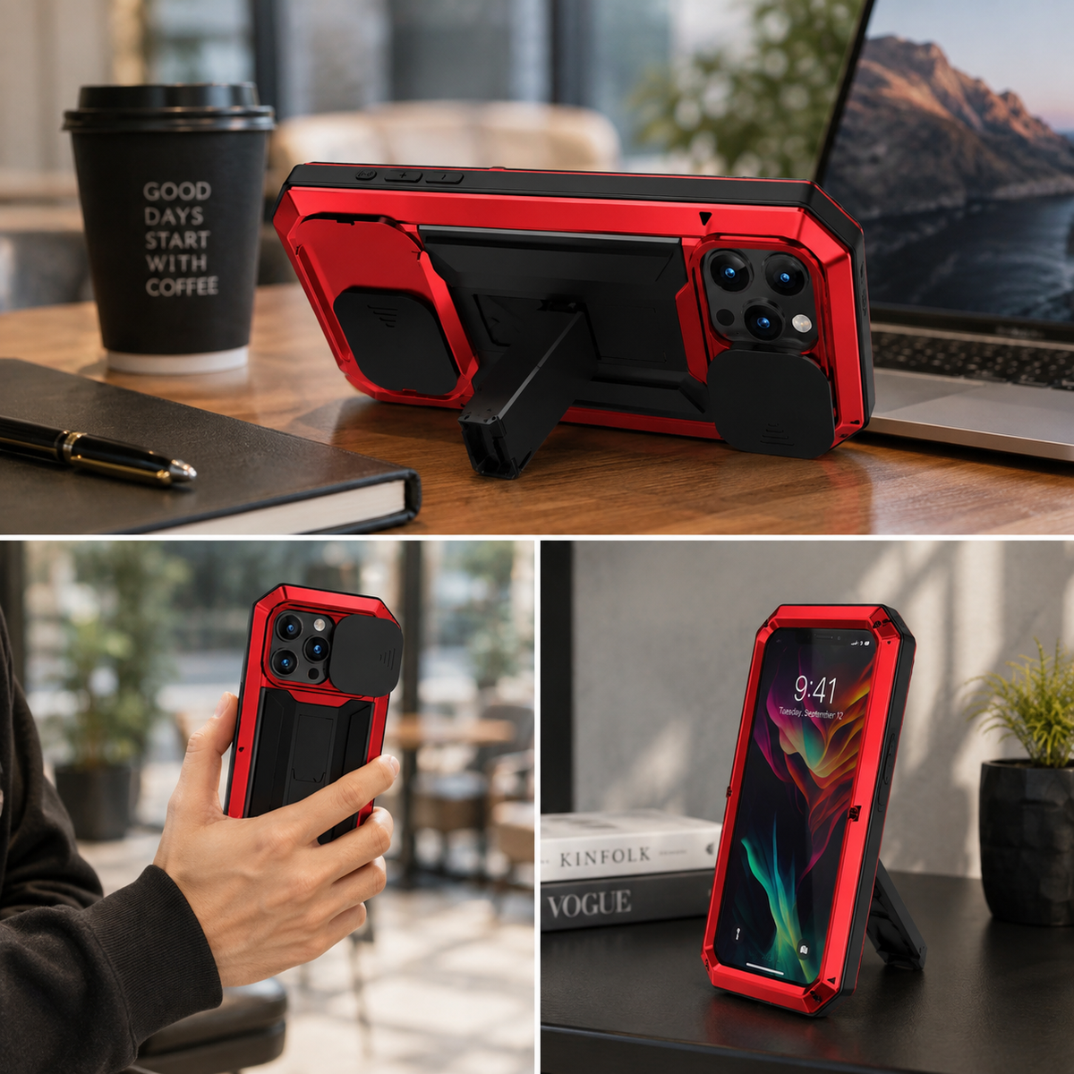 Premium iPhone Case Heavy Duty Aluminum Metal Full Body Cover Tempered Glass Lens Slider Shockproof Dual Layer Kickstand Wireless Charging