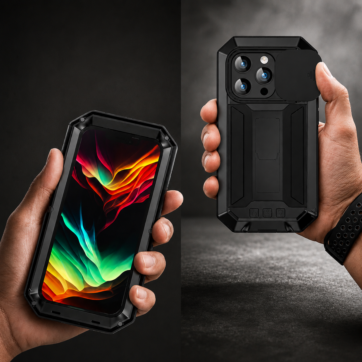 Premium iPhone Case Heavy Duty Aluminum Metal Full Body Cover Tempered Glass Lens Slider Shockproof Dual Layer Kickstand Wireless Charging