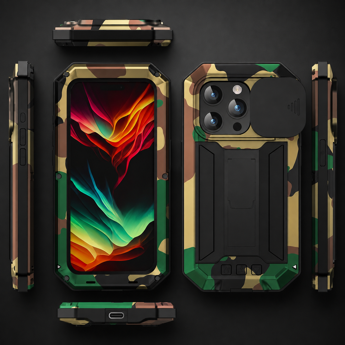 Premium iPhone Case Heavy Duty Aluminum Metal Full Body Cover Tempered Glass Lens Slider Shockproof Dual Layer Kickstand Wireless Charging