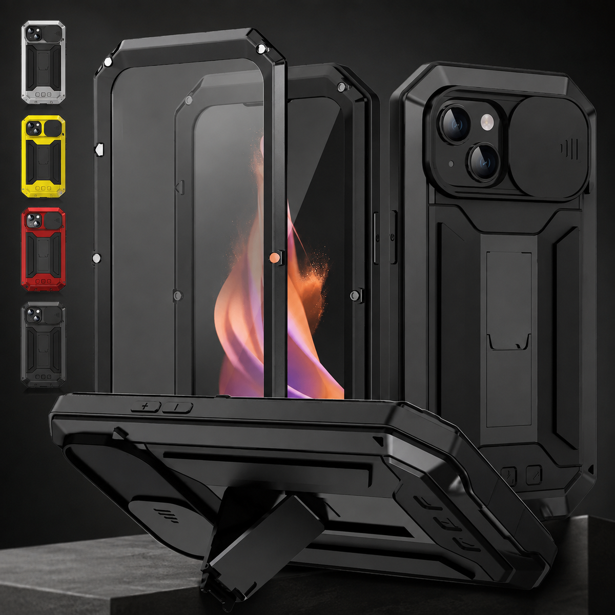 Premium iPhone Case Heavy Duty Aluminum Metal Full Body Cover Tempered Glass Lens Slider Shockproof Dual Layer Kickstand Wireless Charging