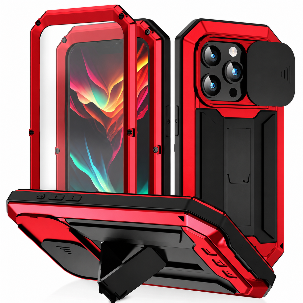 Premium iPhone Case Heavy Duty Aluminum Metal Full Body Cover Tempered Glass Lens Slider Shockproof Dual Layer Kickstand Wireless Charging