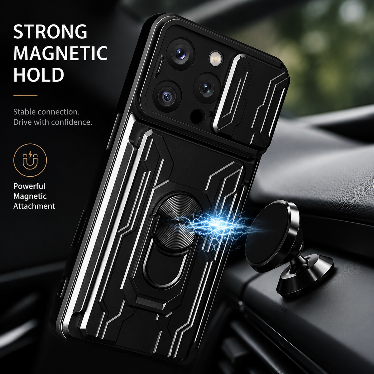Premium iPhone Case Heavy Duty Card Pocket Dual Layer Shockproof Armor 360° Ring Stand Magnetic Mount Compatible Rugged Protective Cover for Daily Use