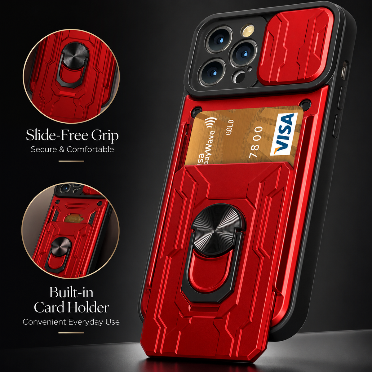 Premium iPhone Case Heavy Duty Card Pocket Dual Layer Shockproof Armor 360° Ring Stand Magnetic Mount Compatible Rugged Protective Cover for Daily Use