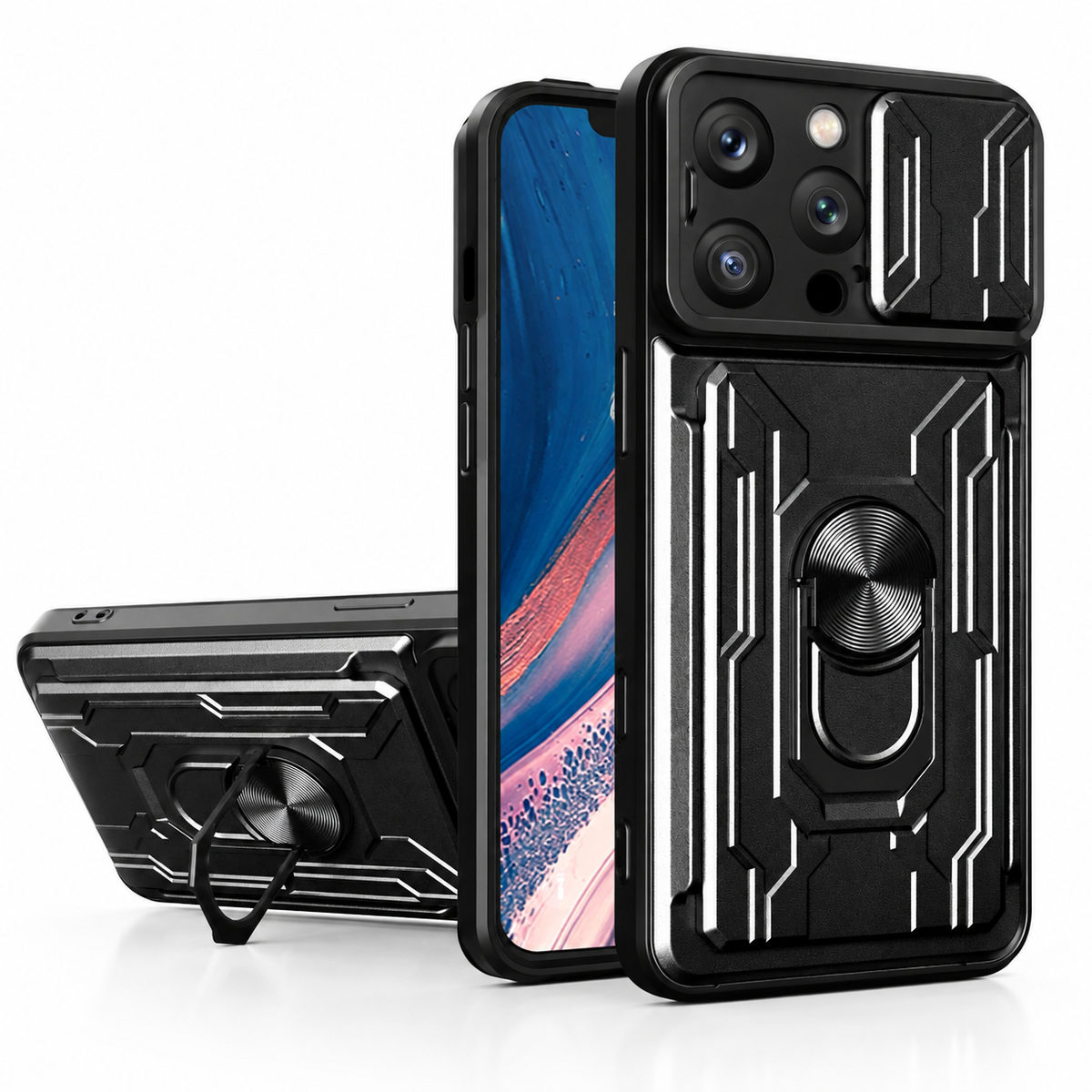 Premium iPhone Case Heavy Duty Card Pocket Dual Layer Shockproof Armor 360° Ring Stand Magnetic Mount Compatible Rugged Protective Cover for Daily Use