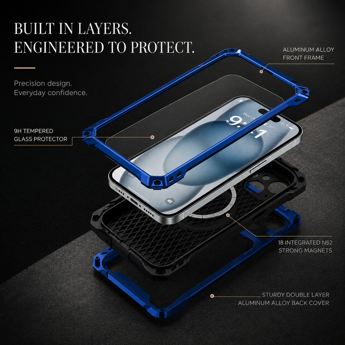 Premium iPhone Case Heavy Duty Metal MagSafe Cover Military Grade Shockproof Aluminum Bumper Camera Guard Kickstand 9H Screen Protection Rugged Design