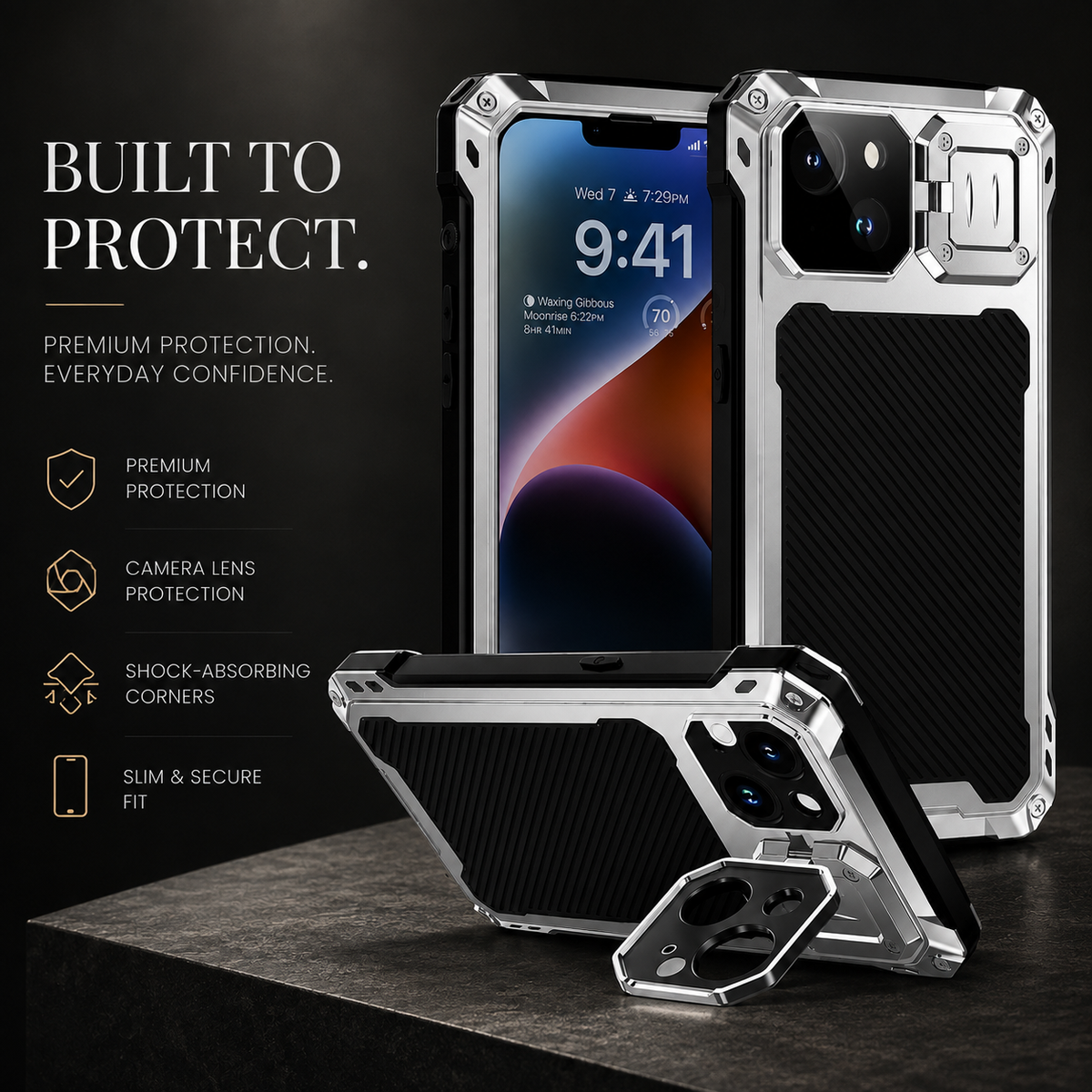 Premium iPhone Case Heavy Duty Metal MagSafe Cover Military Grade Shockproof Aluminum Bumper Camera Guard Kickstand 9H Screen Protection Rugged Design