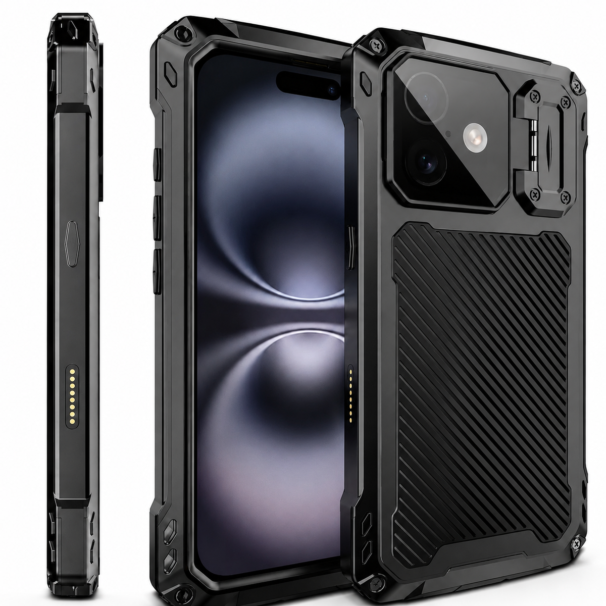 Premium iPhone Case Heavy Duty Metal MagSafe Cover Military Grade Shockproof Aluminum Bumper Camera Guard Kickstand 9H Screen Protection Rugged Design