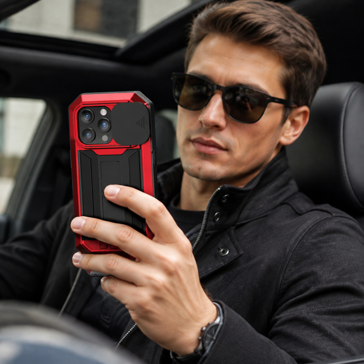 Premium iPhone Case Heavy-Duty Metal MagSafe Rugged Armor with Slide Camera Cover, Tempered Glass Screen Protector, Shockproof 360° Full-Body Design