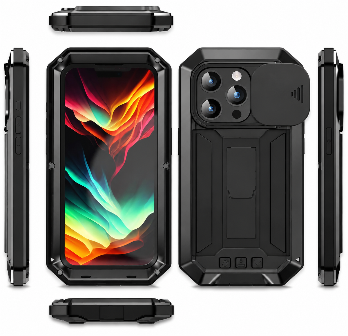 Premium iPhone Case Heavy-Duty Metal MagSafe Rugged Armor with Slide Camera Cover, Tempered Glass Screen Protector, Shockproof 360° Full-Body Design