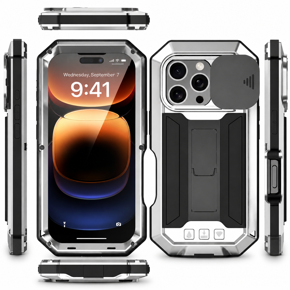 Premium iPhone Case Heavy-Duty Metal MagSafe Rugged Armor with Slide Camera Cover, Tempered Glass Screen Protector, Shockproof 360° Full-Body Design