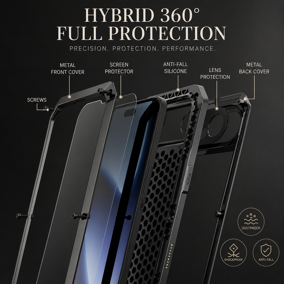Premium iPhone Case Heavy Duty Metal Protective Cover Tempered Glass Screen Protector Shockproof TPU PC Hybrid Full Coverage Rugged Design