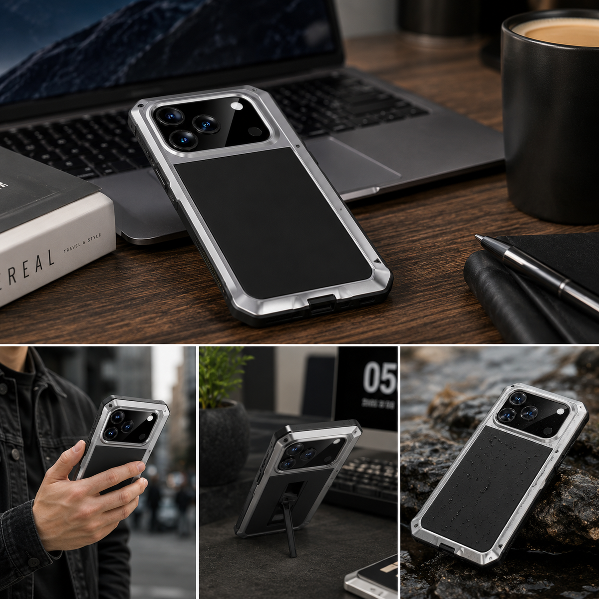 Premium iPhone Case Heavy Duty Metal Protective Cover Tempered Glass Screen Protector Shockproof TPU PC Hybrid Full Coverage Rugged Design