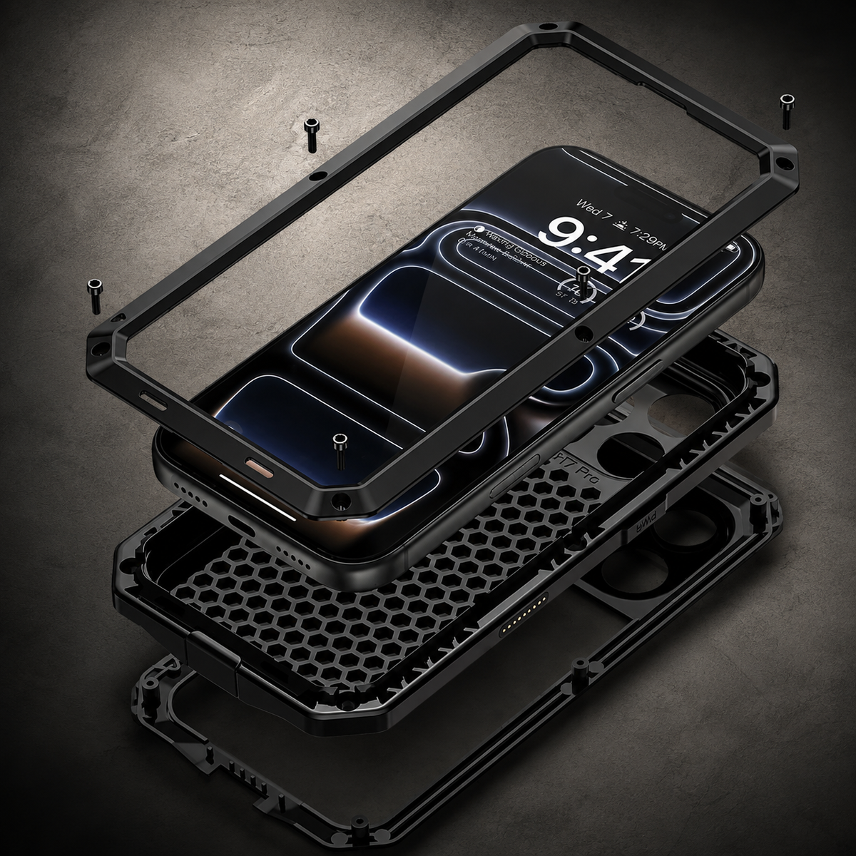 Premium iPhone Case Heavy Duty Metal Protective Cover Tempered Glass Screen Protector Shockproof TPU PC Hybrid Full Coverage Rugged Design