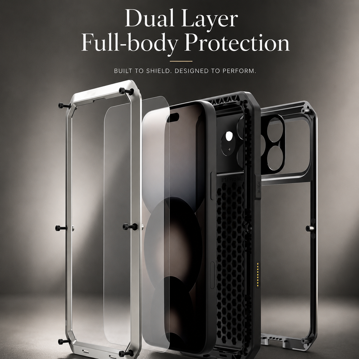 Premium iPhone Case Heavy Duty Metal Protective Cover Tempered Glass Screen Protector Shockproof TPU PC Hybrid Full Coverage Rugged Design